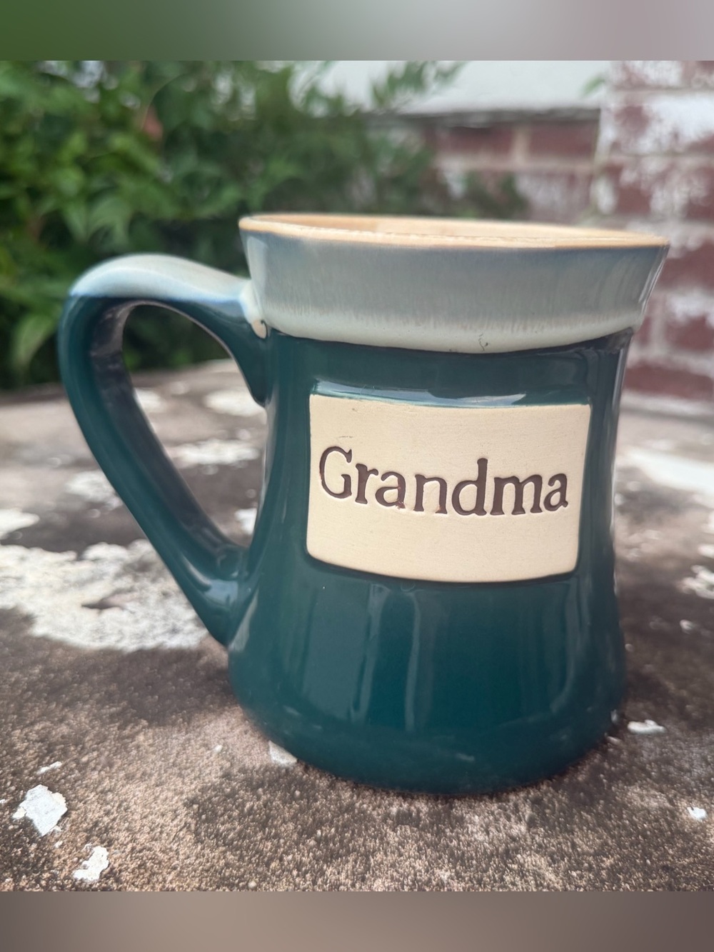 Green and Tan glazed Studio Mug with an Embossed "Grandma" Medallion 24oz